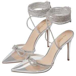 Aldo Halalia Silver Rhinestone Clear Point Bow Embellished Heels Pumps size 7